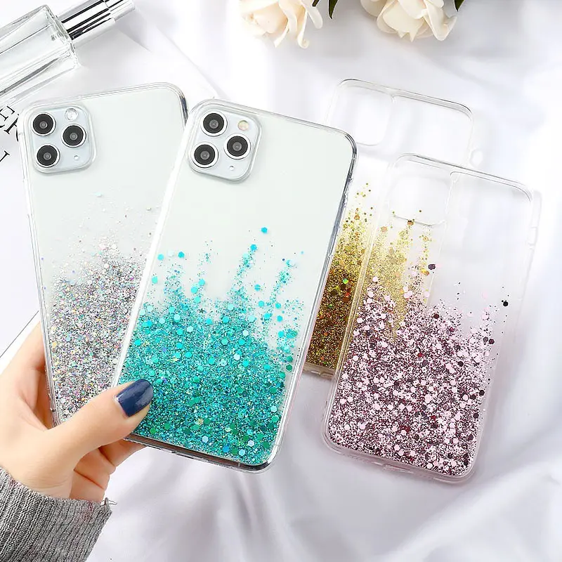 High Quality OEM Half Glue Glitter Mobile Cover For iPhone For Samsung Transparent PC TPU Phone Case For Tecno For Infinix