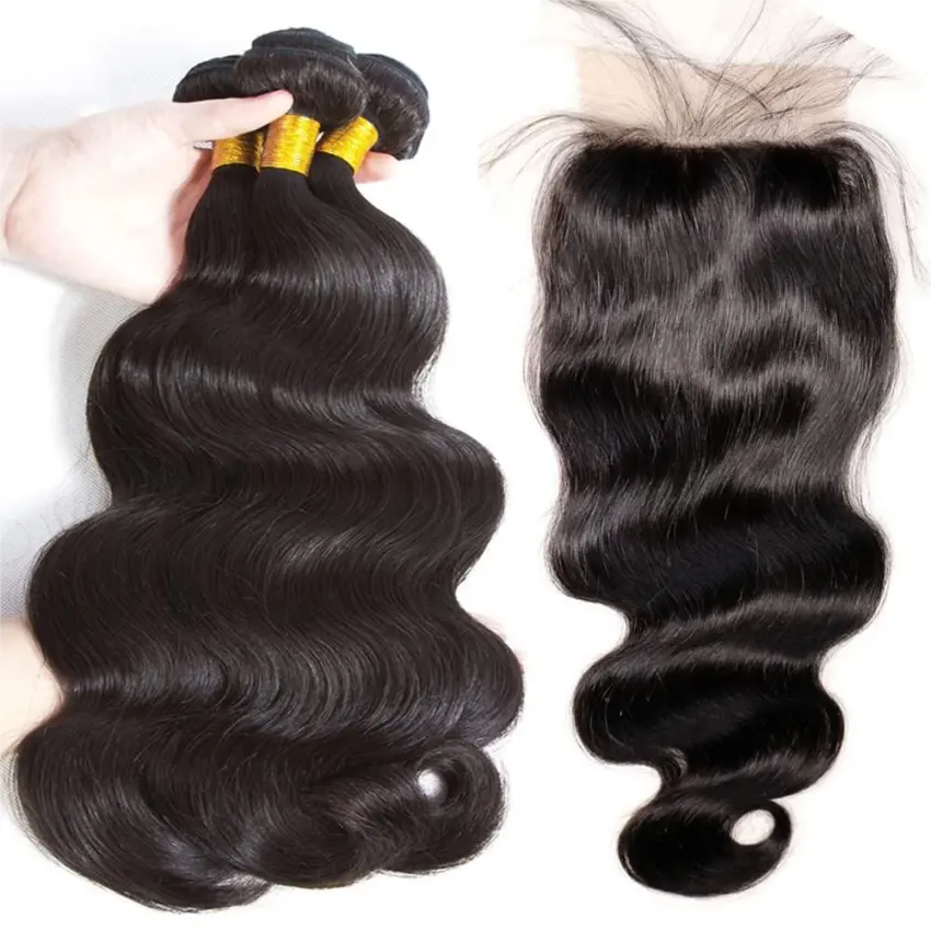Wholesale Natural Black Color 100% Unprocessed Virgin Brazilian Remy Hair Body Wave Human Hair Bundles   4x4 inch Lace Closure
