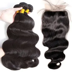 Cheap Wholesale Natural Black 9a 100% Brazilian virgin cuticle aligned Remy Human Hair Body Wave Bundles with 4x4 Lace Closure