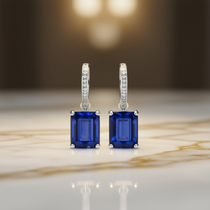 Boucles d'oreilles en saphir bleu platine, diamant taille émeraude couleur D certifié GIA, bijoux classiques pour femmes, pour mariage - Product Image 2