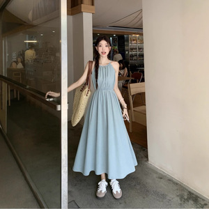 Halter Neck Long <b>Dress</b> Women's <b>Elastic</b> Waist Solid Color Casual Summer <b>Dress</b> Light Blue Polyester Fabric Leisure Wear - Product Image 3