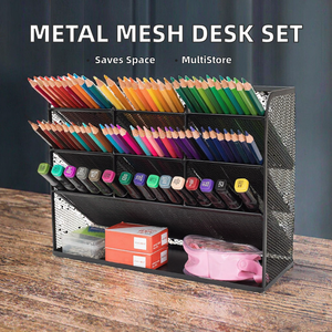 Organisateur de bureau en maille métallique SM9065, 6 compartiments, 1 tiroir, support multifonctionnel (22x14x13cm) pour stylos, pinces, mémos - Product Image 2