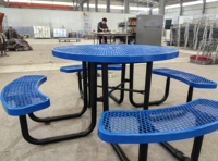 Table de pique-nique ronde en acier extérieur de 8 pouces avec banc, table de pique-nique en métal expansé avec revêtement thermoplastique, directement de l'usine