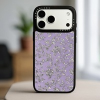 Coque de téléphone en verre trempé avec impression feuille d'or style coquille de conque et pivoine violette pour iPhone 16 17 18 Pro Max
