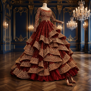 Burgundy Embroidered Lehenga Choli Ruffle Tiered Traditional <b>Dress</b> for Wedding Party Women - Product Image 3