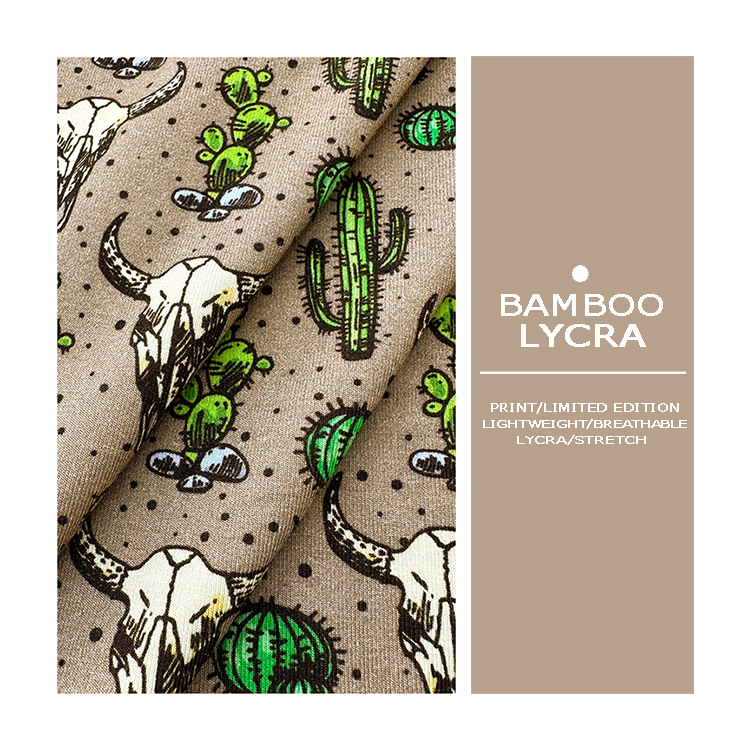 Custom OEM Low MOQ Bamboo Fiber Stretch Fabric Western Design Cactus Skull of Bull Designer Pattern for Baby Romper.