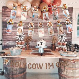 Striscione per il primo compleanno 'Holy Cow Im One Highland Cow' e striscione fotografico mensile per decorazioni per baby shower e compleanni - Product Image 3