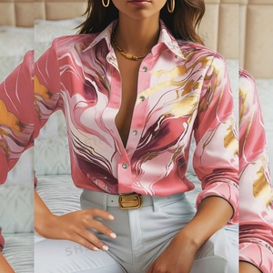 Blus lengan panjang wanita, baju Logo depan bernafas poliester longgar kancing desain kerah 3D gaya kasual baru - Product Image 2