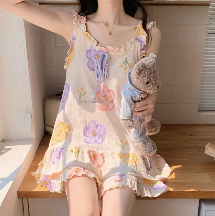 ฤดูร้อนชุดนอนสาวแขนกุด Nightgown Nighty 2 ชิ้นเสื้อผ้าเลดี้ชุดราตรีชุด Pijama Vestido กางเกงขาสั้นชุดนอน Femmes C