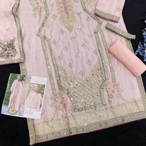 Style pakistanais traditionnel semi-cousu Salwar Kameez lourd Chinon broderie véritable miroir travail pour les occasions de mariage Zarkan - Product Image 1
