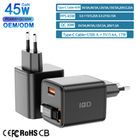 IBD produk baru GAN 45W pengisi daya yang dapat ditarik dengan kabel USB Tipe c EU UK AU Plug pengisian cepat pengisi daya ponsel Laptop grosir