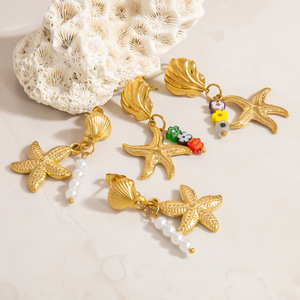 Boucles d'oreilles pendantes en acier inoxydable, thème océan, étoile de mer, coquillage, plaqué or, alliage de zinc, bijoux fantaisie EH11776 - Product Image 2