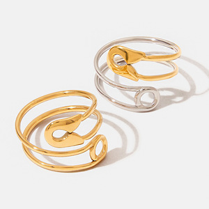 Geometric Paperclip <b>Ring</b> 18K Gold Stainless Steel Adjustable Openwork Design Unisex Fashion Jewelry Gift - Product Image 1