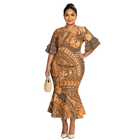 Rok Ekor Ikan Ukuran Besar Klasik Polinesia Plus Size Puletasi Lengan Petal Desain Tribal Wanita Samoa Puletasi Dress Set 2 Potong