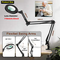 Ultra Long 5X Magnifying Glass with Light and Clamp, 5 Color Modes Steepless Dimming Desk Lamp, Swivel Arm Hands Free Magnifier