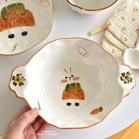 Service de table en porcelaine écologique fait main, motif lapin de dessin animé, comprenant un bol à riz et assiette à collation, pour le petit-déjeuner et les repas, en stock