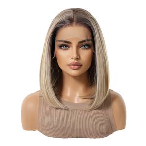 <span class=keywords><strong>Perruque</strong></span> courte bob blonde dégradée, réaliste, naturelle et respirante, en fibre haute température 100%, avec dentelle 13*4, fabriquée à la machine au crochet - Product Image 1