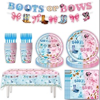 Ensemble de vaisselle jetable écologique pour baptême et baby shower, thème cowboy bleu rose, avec décorations de fête en denim et nœuds pour bottes