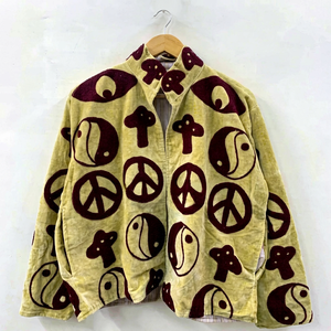 Handcrafted Vintage Yellow Velvet <b>Jacket</b> Boho <b>Hippie</b> Outerwear Unique Streetwear Unisex Casual Warm Full Zip Collar Coat - Product Image 1