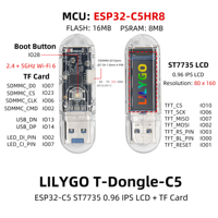 Carte de développement LILYGO T-Dongle-C5 ESP32-C5, Wi-Fi double bande, écran LCD IPS de 0,96 pouce, dongle USB, 16 Mo de mémoire flash, 8 Mo de PSRAM, prise en charge de la carte TF