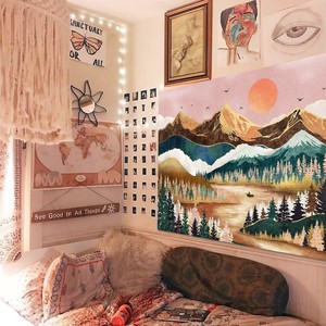 Art mural décoratif intérieur bohème écologique, motif abstrait de montagne au coucher du soleil sur un arbre de forêt naturelle - Product Image 5
