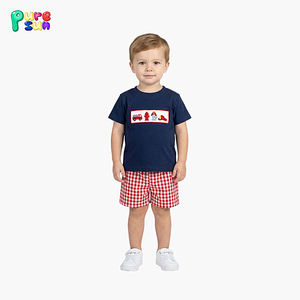 Puresun Korte Mouw Kinderkleding Set Borduurwerk Kinderkleding Geruite Print Op Maat 100% Katoen Jongenskleding Sets - Product Image 2