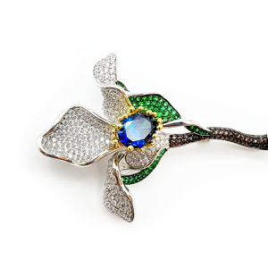 Broche Fleur d'<span class=keywords><strong>Iris</strong></span> en Argent Sterling 925 Plaqué Or, Pierre Précieuse Bleue et Émail Vert avec Pavé CZ, Bijou Élégant d'Inspiration Naturelle - Product Image 3