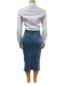 Conjunto de 2 Piezas para Mujer: Camisa Blanca y Falda Vaquera, Top con Botones y Parches, Falda Midi de Cintura Alta con Abertura Lateral, Atuendo Casual a la Moda - Product Image 6