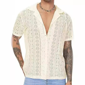 เสื้อยืดผู้ชายสไตล์ยุโรปอเมริกันแบบใหม่ ผ้าลูกไม้โปร่งแสง ปกเว้า สีพื้น สามารถสั่งตัดได้ ระบายอากาศได้ดี - Product Image 3
