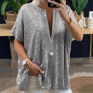 Camisa de Manga Corta con Cuello en V y Lentejuelas, Color Dorado y Plateado, Blusa de Fiesta, Top Informal Holgado para Mujer, Tela de Poliéster - Product Image 4