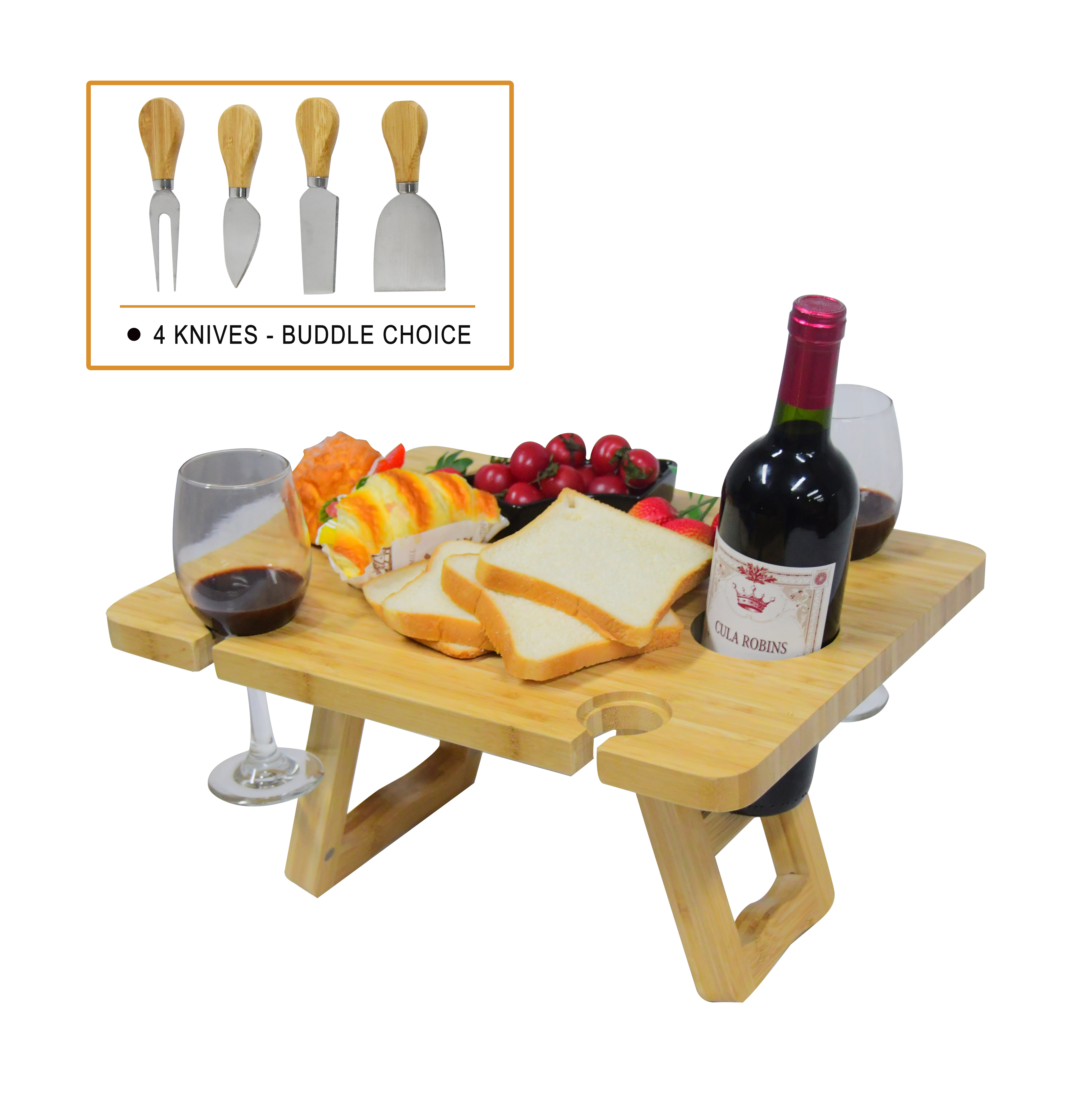 Outdoor Food Serving Tray  Portable Wooden Picnic Wine Table With Folding Legs