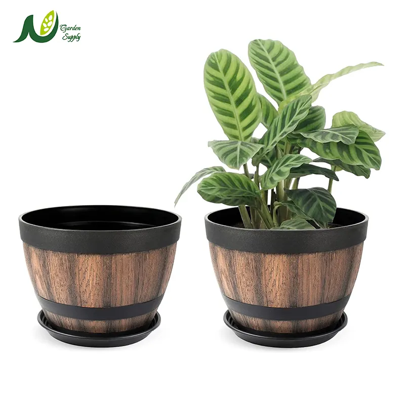 Wholesale 9 Inch Plant Pots with hole Resin Whiskey Barrel Planters Wooden Barrel Design