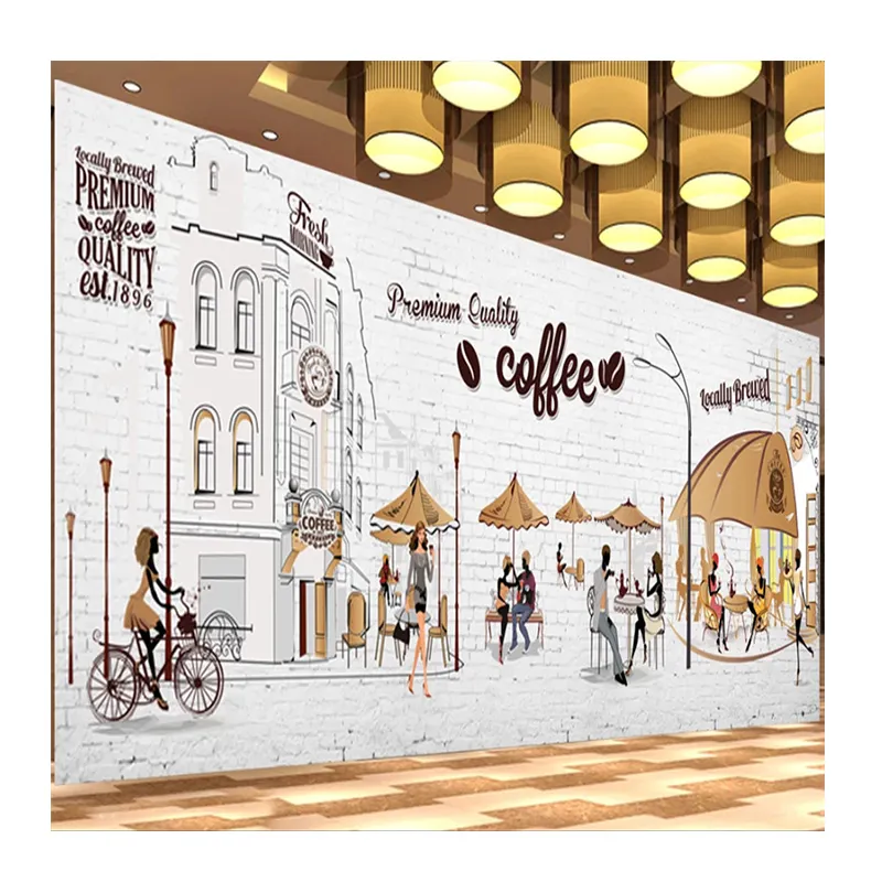 KOMNNI कार्टून हाथ खींचा कॉफी दुकान दृश्य वॉलपेपर कॉफी रेस्तरां कैफे औद्योगिक सजावट पृष्ठभूमि दीवार भित्ति दीवार के कागज