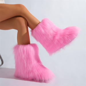 Bottes en fausse fourrure pour femmes Bottes d'hiver moelleuses et chaudes pour la neige mi-<span class=keywords><strong>mollet</strong></span> Bottes de luxe en fourrure Chaussures plates confortables pour l'extérieur - Product Image 5