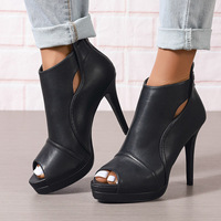 Botines de Plataforma con Punta Abierta y Recortes para Mujer, con Cremallera Trasera, Tacón de Aguja Fino, de Cuero, Sandalias de Tacón Alto, Logotipo Personalizado OEM ODM