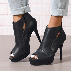 Women Peep Toe Cutout Platform Ankle Booties Custom Logo OEM ODM Back Zipper Thin Stiletto Heel Leather High Heel Sandal Boots - Product Image 2