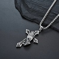 Collier pendentif croix mains en prière en acier inoxydable avec chaîne à maillons, bijoux hip-hop pour homme, cadeau de fête