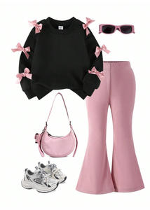 Giovani ragazze simpatiche <span class=keywords><strong>felpa</strong></span> con fiocco tinta unita e pantaloni a zampa stile per il tempo libero per viaggi estivi all'aperto e Set Casual da <span class=keywords><strong>bambina</strong></span> - Product Image 3