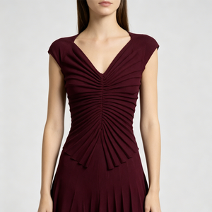 <span class=keywords><strong>Abito</strong></span> Midi da Donna <span class=keywords><strong>Bordeaux</strong></span> con Scollo a V e Maniche a Cappuccio, Gonna Svasata a Pieghe Radiali con Vita Aderente, Elegante <span class=keywords><strong>Abito</strong></span> <span class=keywords><strong>in</strong></span> <span class=keywords><strong>Maglia</strong></span> per Cocktail e Matrimoni - Product Image 6