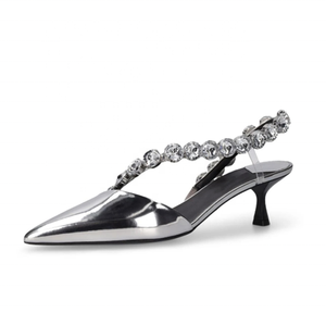 Summer Wide Fit Rhinestones Shoes Large Size 46 Low Heels Dress Pumps Women Silver Patent Slingback Sandals - Product Image 1