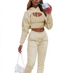 Ensemble jogging et sweat à capuche en molleton mélangé coton pour femme, 2 pièces, coupe ample, décontracté, sportswear, manches lanternes, écologique, hiver automne - Product Image 1