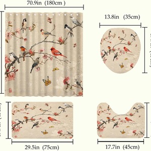 Beige Birds Blossom Branch Polyester Shower Curtain Bathroom Curtain Digital Print Waterproof Custom Print Wholesale Modern - Product Image 2