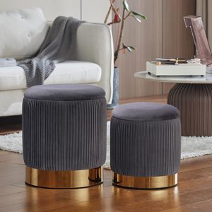 Ensemble <span class=keywords><strong>de</strong></span> <span class=keywords><strong>2</strong></span> ottomanes rondes modernes en velours blanc avec rangement, en PVC et MDF, pour salle <span class=keywords><strong>de</strong></span> bain, salon et chambre à coucher - Product Image 5