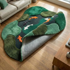 Hand Tufted Abstract Koi Fish Wool Carpet in Moss Green with Irregular Pond <b>Artwork</b> for Living Room Bedroom <b>Nursery</b> Kids Room - Product Image 5