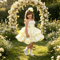 Jupe bouffante en satin à volants en tulle pour filles avec boucle dorée à la taille et bandeau fleuri assorti – Costume de princesse pour fête d'anniversaire