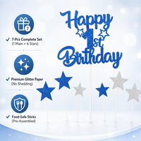7 pièces de décorations scintillantes bleues et argentées pour le 1er anniversaire : décorations de gâteau en carton, pics à cupcakes étoiles, pour la fête du premier anniversaire d'un bébé garçon