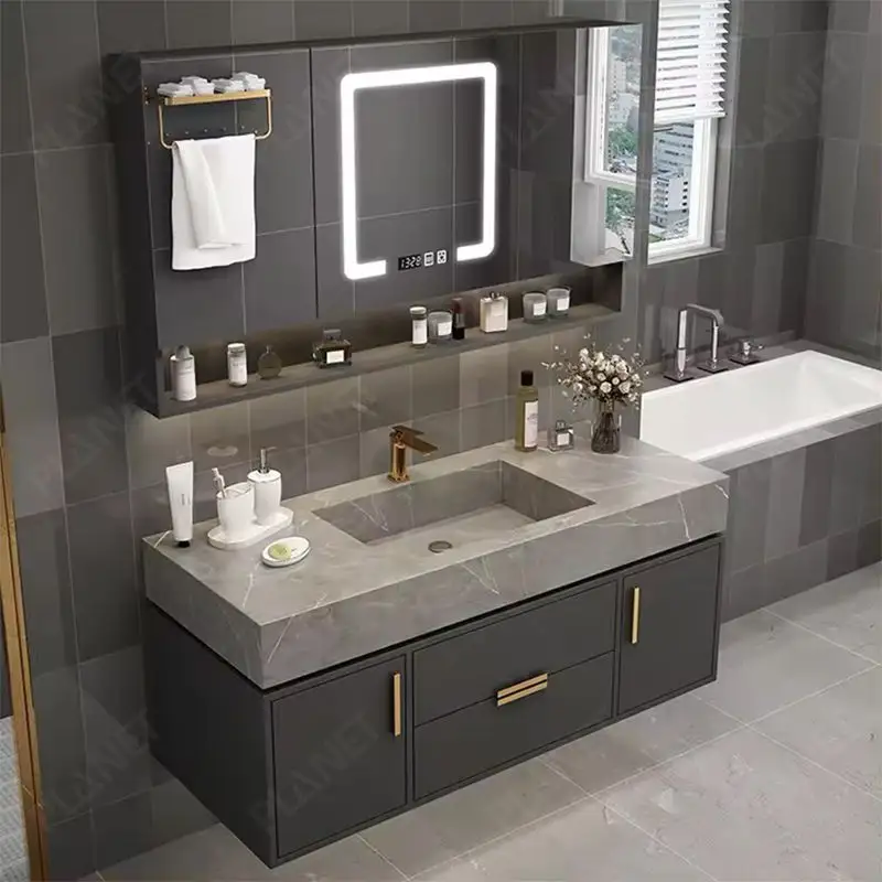 Muebles de baño modernos de 24 pulgadas, espejo de luz delgado para baño, tocador de gabinete de 65 cm con lavabo individual, conjunto superior