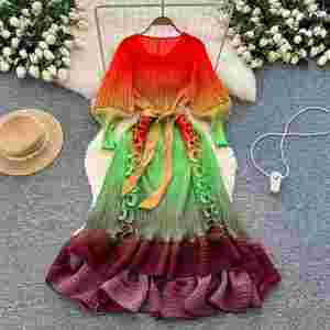 Robe midi plissée à col en V pour femme, style tunique, avec manches lanternes, coupe empire, dégradé et dentelle à volants - Product Image 3