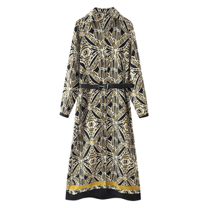 <span class=keywords><strong>Maxi</strong></span> abito Casual da donna a manica lunga giallo con stampa nera con <span class=keywords><strong>colletto</strong></span> rovesciato in vita naturale tessuto estivo - Product Image 3