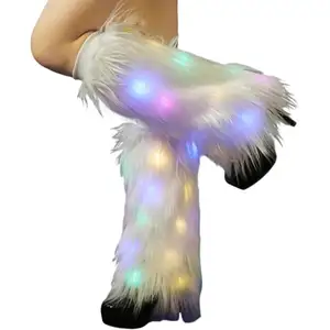 White Faux Fur Leg Warmers Light Up Rave LED Leg Cover Winter Furry Long Boot Covers Sexy for Women